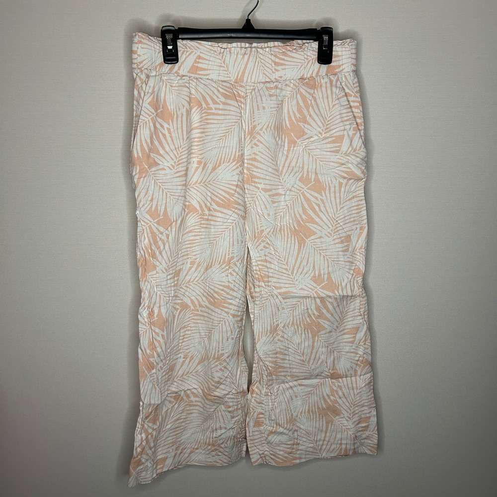 Land 'n Sea Peach White Palm Leaf Linen Blend Wide Leg Crop Pants M Resort Beach